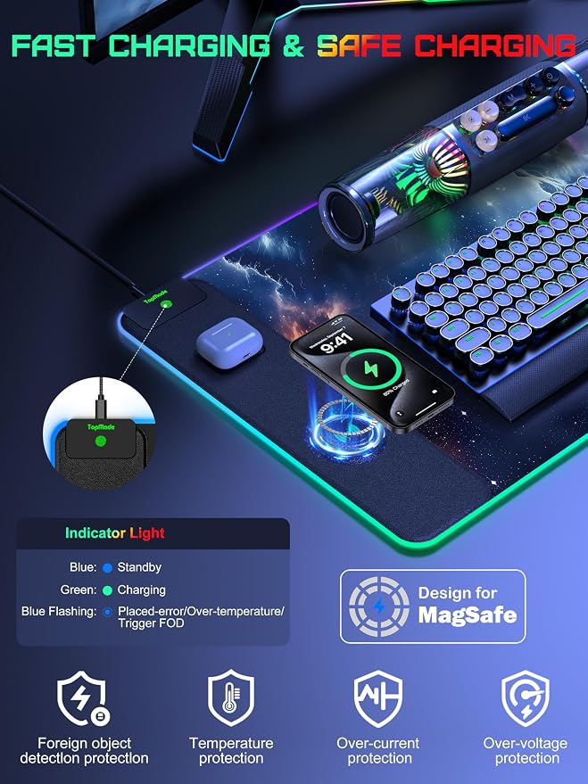 Wireless Charging Mouse Pad, RGB Gaming Mousepad Home Office Desk Pad, 31.5” x 15.8” XXL Large Desk Mat, Waterproof Keyboard Pad, Blue Nebula(Includes 20W PD Power Adapter & 6.56ft Woven Cable)