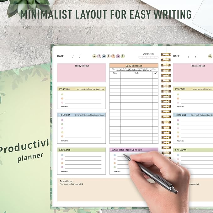 ADHD Daily Planner with Hardcover for Men & Women ,Productivity Planner & Undated Task Management Organizer Daily Schedule,Self-Care,To-Do List for Neurodivergent Adults, Focused Planners Cardboard Cover for Adult & Teens - Green Leaves