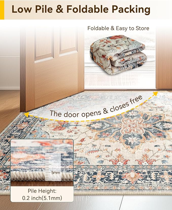 RELEANY Area Rugs Runner 2'6"x5' Washable Non-Slip, Floral Vintage Distress Medallion Carpet for Kitchen Hallway Bedroom Beside Laundry Room Bathroom, Beige Navy Blue Orange Colorful