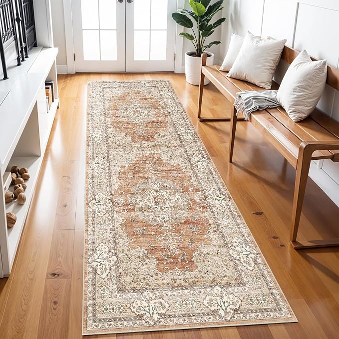 3x8 Runner Rug for Hallway Washable: Non Slip Kitchen Rugs with Rubber Backing Soft Waterproof Mats Stain Resistant Indoor Vintage Carpet Runner for Bedroom Bathroom Laundry Entryway Brick/Terracotta