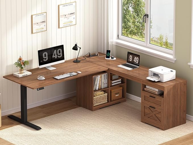 66 inch Farmhouse L Shaped Standing Desk with Storage for Home Office | Corner Electric Standing Desk with Drawers ＆ Storage Shelves, Height Adjustable Computer Desk with Power Outlets, Brown