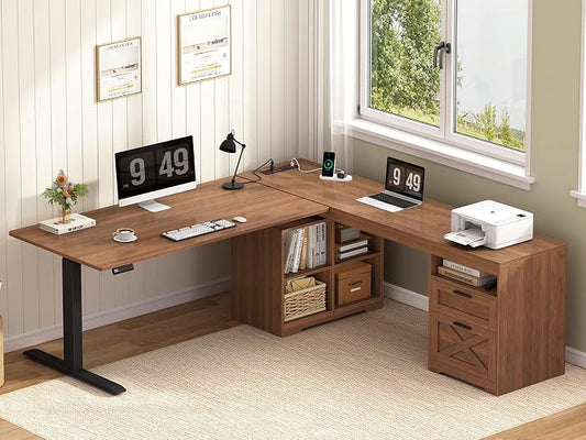 66 inch Farmhouse L Shaped Standing Desk with Storage for Home Office | Corner Electric Standing Desk with Drawers ＆ Storage Shelves, Height Adjustable Computer Desk with Power Outlets, Brown