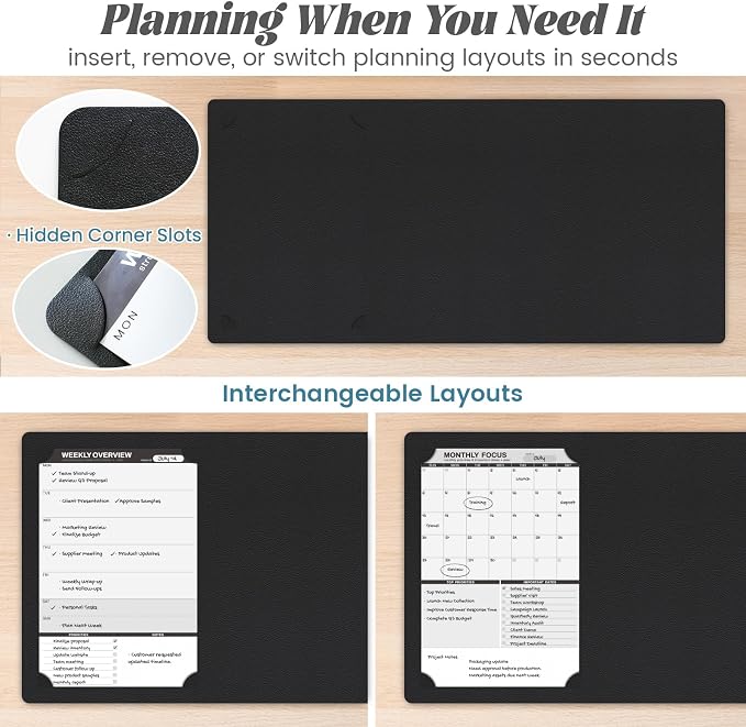 Large Dry Erase Desk Mat with Weekly & Monthly Dry Erase Planners | Reversible Dual-Texture Desk Pad with interchangeable Planning Pages, 16"x34"