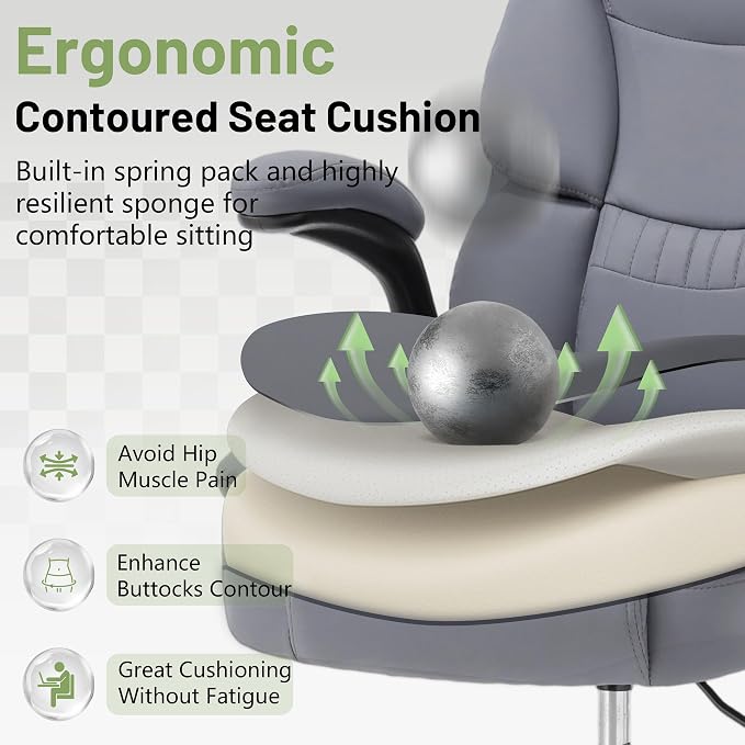 500LBS Drafting Chair, High Back Safer Standing Desk Chair, Executive Tall Office Chair with Flip-up Armrests, Upholstered PU Leather Task Chair, Ergonomic Seat with Adjustable Height&Foot Ring, Grey