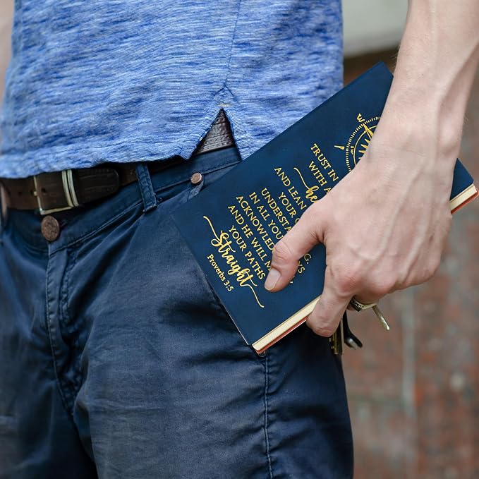 Fuyoooo 4 Pcs Baptism Gift Set for Men First Communion Gift Include Christian Journal Bible Notebook Engraved Compass and Religious Catholic Pen for Church Pastors