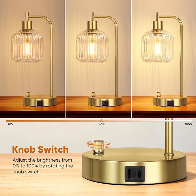 QiMH Industrial Table Lamp for Bedroom Set of 2, Clear Glass Beside Lamp with USB A&C Ports, Stepless Dimmable Gold Lamps, Nightstand Lamps for Living Room, Office, Home Decor(Bulb Included)