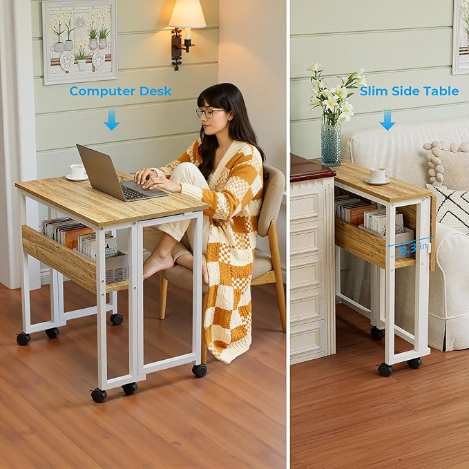 GreenForest Folding Desk Small Rolling Desk with Storage Shelf,24.8 inch Foldable Computer Desk with Wheels for Small Space,Easy Assembly,Oak