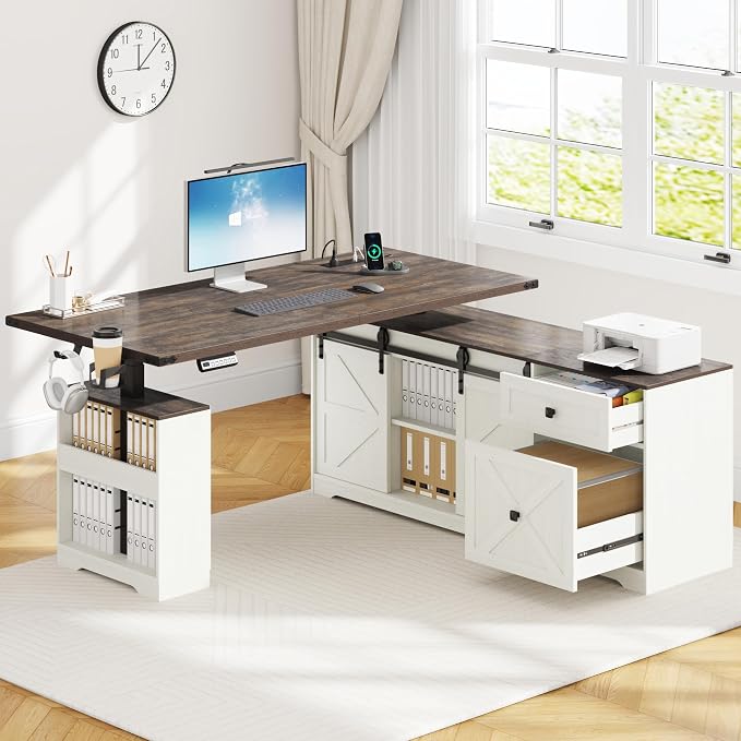 St.Mandyu L Shaped Electric Standing Desk 63" White with Power & Storage | File drawer, sliding door cabinet, cup holder, height adjustable, sturdy wood frame, home office for work/study/writing