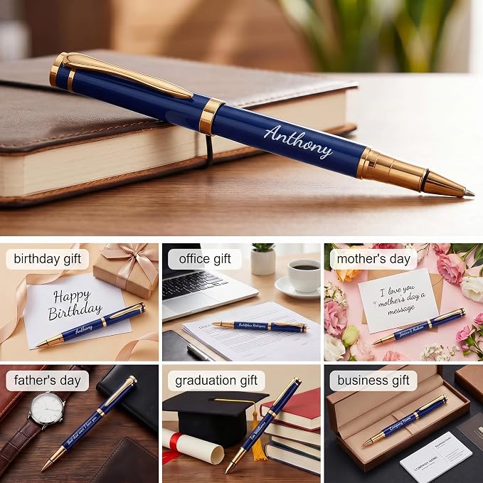 Ancolo Blue Ballpoint Pens - Modern, Classy, and Functional - Engraved with Your Message - Perfect for Groomsman, Wedding Party, Graduation, Christmas, Mother's Day