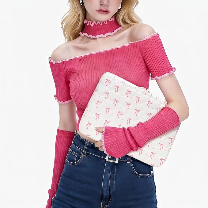 Cute Bow Puffy Laptop Sleeve 13-15 Inch Cute Quilted Laptop Protective Case Padded Bow Computer Sleeve for MacBook