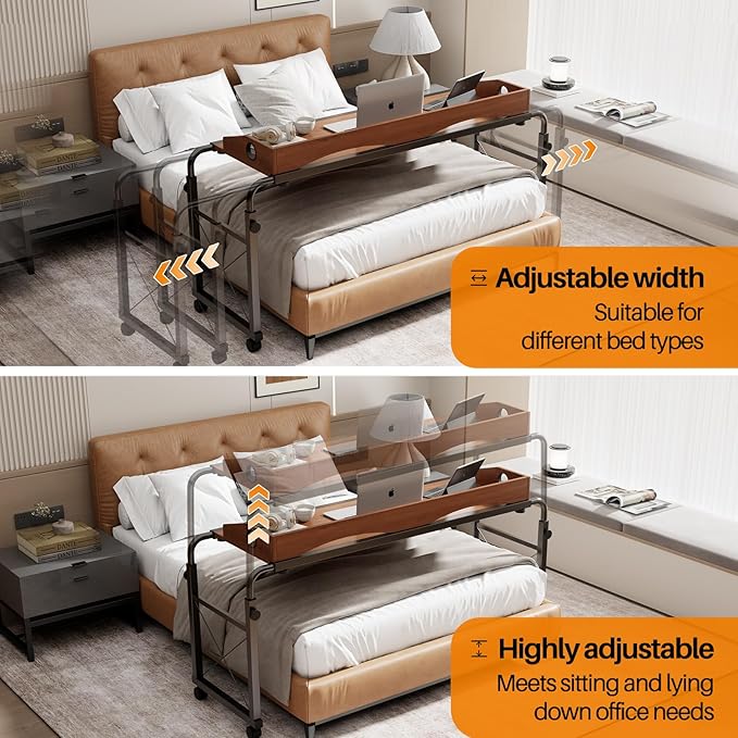 BYMECOST Laptop Desk for Bed, Adjustable Height & Length Laptop Bed Table | Overbed Table with Wheels for Queen Size Beds,Rolling Standing Desk,Over Bed Desk for Working Reading Eating