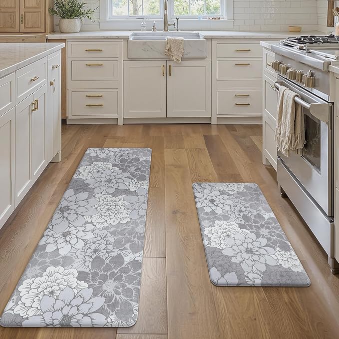 GENIMO Anti Fatigue Kitchen Mats for Floor 2PCS, Cushioned Standing Mats | 17.3"x59"&17.3"x30", Lavender Greyvintage floral rug set, waterproof, non slip, easy-clean for farmhouse