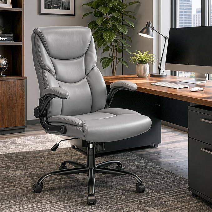 Sweetcrispy Office Computer Gaming Chair Set of 2, Ergonomic High Back Heavy Duty Task Desk Office Chairs with Wheels, Flip-up Arms, Adjustable Height, PU Leather, Grey
