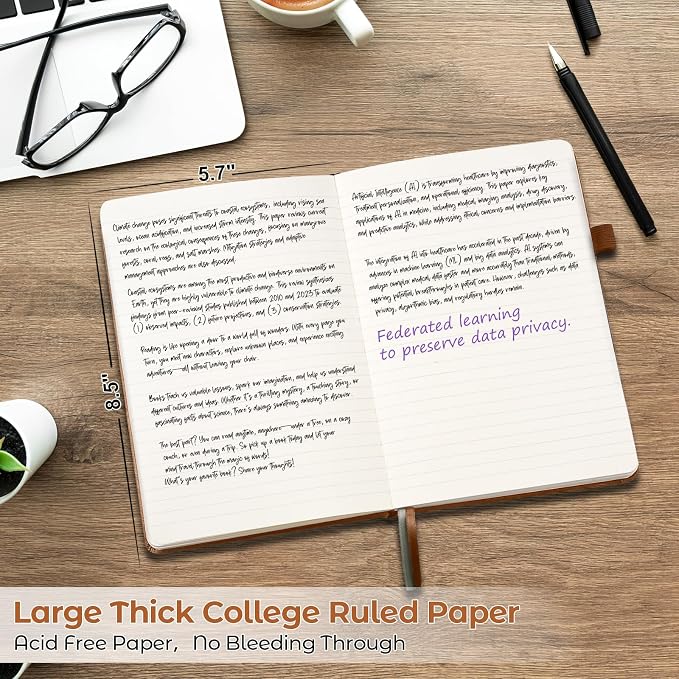 College Ruled Notebook, A5 Hardcover Leather Notebook for Work, Lined Notebook Journal for Women, Men, 100GSM Thick Paper, Large Notebook with Pockets, Professional Business Notebook, 5.7"x8.5", Brown