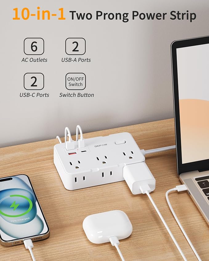 DEPOW 2 Prong to 3 Prong Adapter Power Strip - 6 Outlets & 4 USB Ports (2 USB-C), 1050J Two Prong Surge Protector, 5FT Extension Cord, Wall Mount - Ideal for Old Houses Non-Grounded Outlets