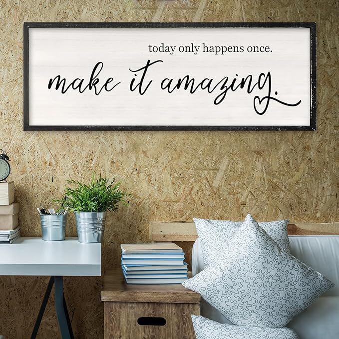 RLWangChao Today Only Happens Once Make It Amazing Wall Art Decor 32x12 Inch Large Inspirational Quote Sign Rustic Living Room Vintage Wood Frame Office Motivational Home Wall Hanging (Black)
