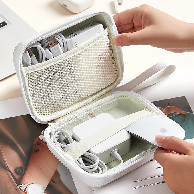 Charger Case for Macbook, Portable Tech Electronic Organizer Bag, Small Travel Storage Pouch for Laptop Accessories, MacBook Power Adapter, Charging Cords, USB Drives, Power Bank (White, L)