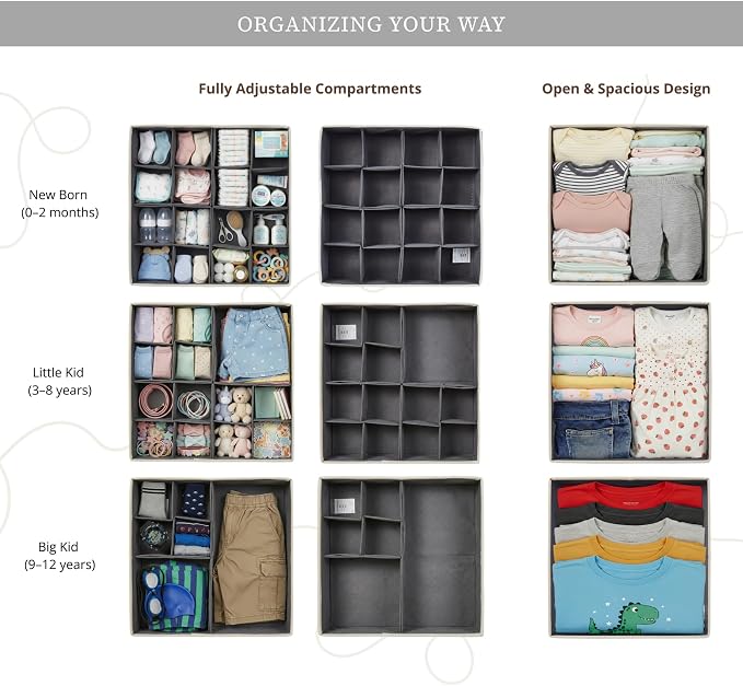 DECOMOMO Adjustable Drawer Organizer Clothes, 12 Pack Drawer Dividers | Fabric Storage Bins, Baby Dresser Organizer for Nursery, Underwear, Bra, Socks (Grey)
