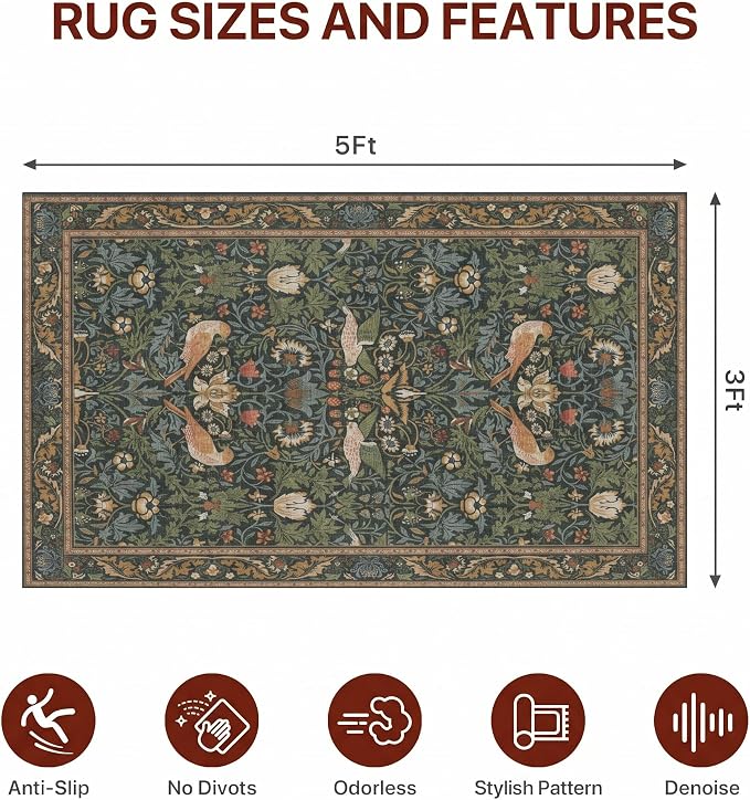 36"x60" Office Chair Mat for Hardwood Tile Floor, Under Desk Carpet Protector for Rolling Computer Chair Mat, Machine Washable Area Rug, Anti-Slip 1/5" Thick Low Pile Thin Vinyl Floor Mat, Deep Green