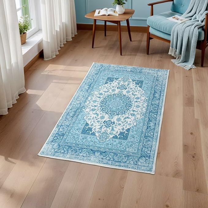 Macgace 2x3 Small Area Rug for Entryway, Soft Washable Rugs with Non-Slip Backing for Bedroom Kitchen, Vintage Throw Carpet Laundry Entry Door Decor, Celestial Blue