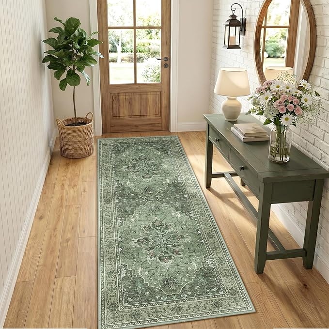 RELEANY Area Rugs Runner 3'x8' Washable Non-Slip, Floral Vintage Distress Medallion Carpet for Kitchen Hallway Bedroom Beside Laundry Room Bathroom, Dark Green Gray