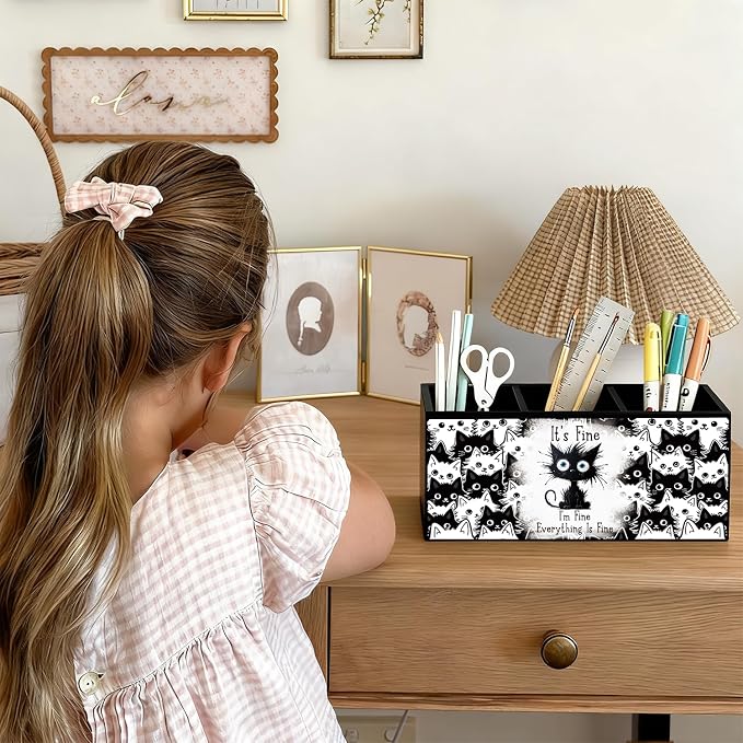 Funny Black Cat Pen Pencil Holder for Desk, Funny Office Gifts for Coworkers, Black Cat Gifts for Women, It's Fine Everything Is Fine Wooden Box Sign Decorations for Home Office Desk Tabletop