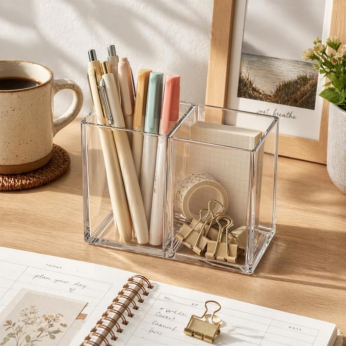 Gejoy 3 Pcs Acrylic Pencil Pen Holder Clear Makeup Brush Organizer 2 Compartments for Desktop Stationery Office Bedroom