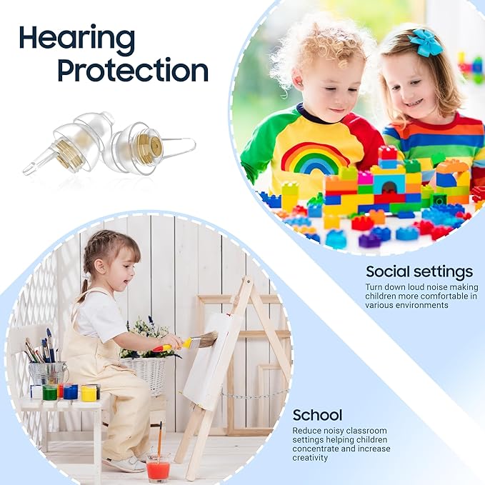 Kids Ear Plugs (6+yrs) - Reusable Noise Relief Earplugs with Cord for Child, Kids Ear Protection for Airplane, Focus, Anxiety, Stress, School, Home, Playtime, 25 dB Noise Reduction, 2 Pairs