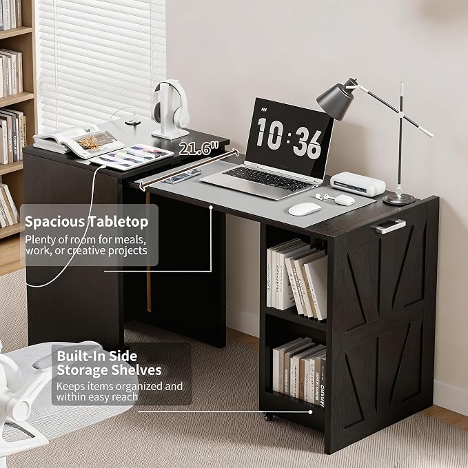 Foldable Desk with Charging Station, Rolling Computer Desk with Storage Shelf for Small Spaces, Pull-Out Home Office Table for Bedroom, Apartment, Dorm, Black