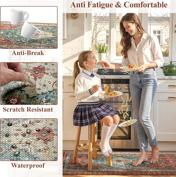 Collive Boho Kitchen Mats 2PCS, Cushioned Kitchen Mat for Floor Anti Fatigue Waterproof Kitchens Rugs Set of 2, Non Skid Comfort Standing Rug for Office, Sink, Laundry, 17.3"x29"+17.3"x47"