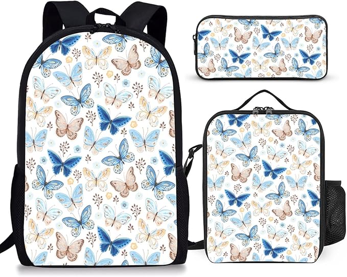 3PCS Butterfly Backpack for Boys Girls Teens, School Backpack with Lunch Box Pencil Case for Elementary Middle High Students, 17 Inch Lightweight Bookpack 3 in 1 Set Back to Shool Gifts for Kids