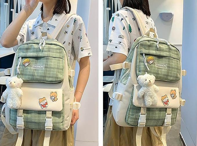 Aobiono 5Pcs Kawaii Plaid Backpack Set Aesthetic Preppy Cute Check with Pins Bear Pendant Light Academia School Supplies Kit