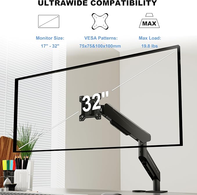 THEARK Single Monitor Desk Mount 17"-32" Screens - Adjustable Mechanical Monitor Arm Computer Monitor Stand up to 19.8 lbs,VESA Arm Desk Mount with C-Clamp and Grommet Base,VESA 75x75/100x100mm,Black