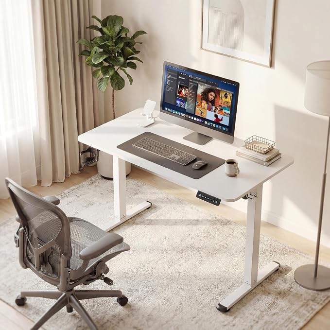 Furmax Electric Standing Desk, 40 x 24 Inches Height Adjustable Sit Stand up Desk, Memory Preset Computer Home Office Desks with Sturdy Metal Frame, Phone Stand Cable Management Hole (White, 40'')