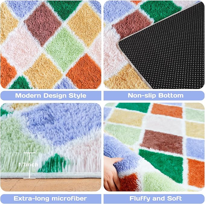 Area Rugs for Living Room Bedroom 8x10, Ultra Fluffy Shag Checkered Rug Modern Washable Carpet Soft Shaggy Non Slip Indoor Plush Fuzzy Rugs for Bedroom Dorm Office Home Aesthetic Decor, Colorful