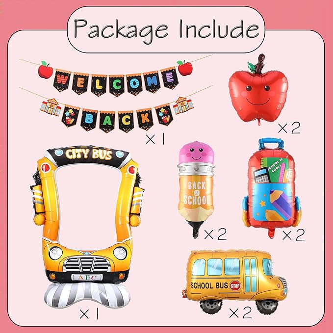Back To School Balloons Set, Pencil Apples Schoolbag Selfie Standing School Bus Mylar Balloons, Welcome Back Banner, First Day of School Balloon Decorations for Kindergarten Classroom School Supplies