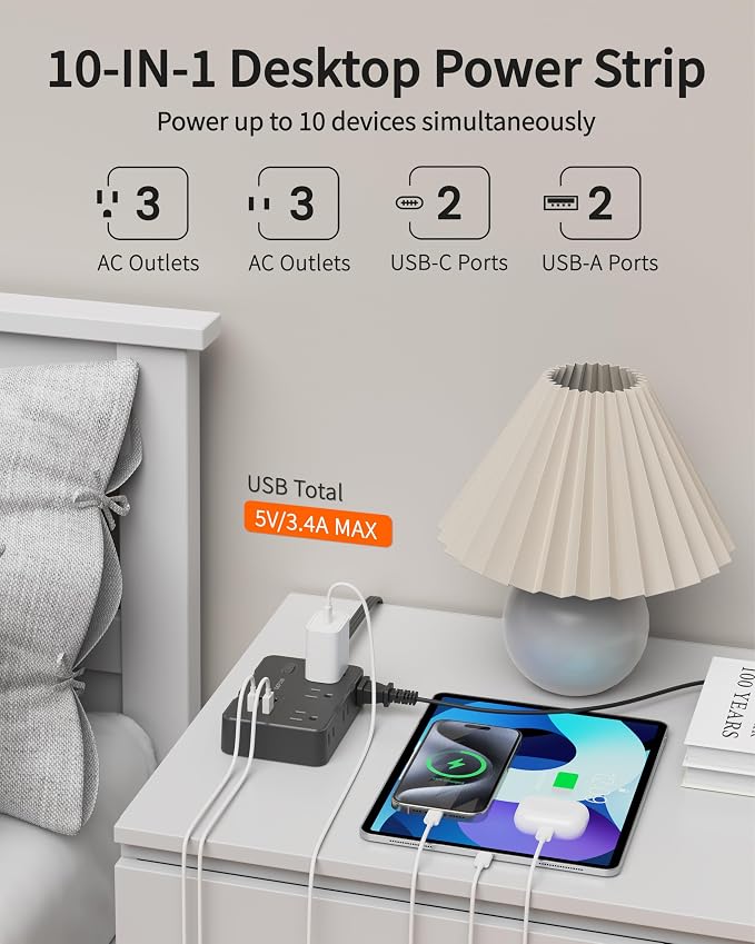 DEPOW Surge Protector Power Strip, 3 FT Extension Cord with 6 AC Outlets 4 USB Ports,1050J Surge Protection, Wall Mountable Charging Station for Office, Home, Black