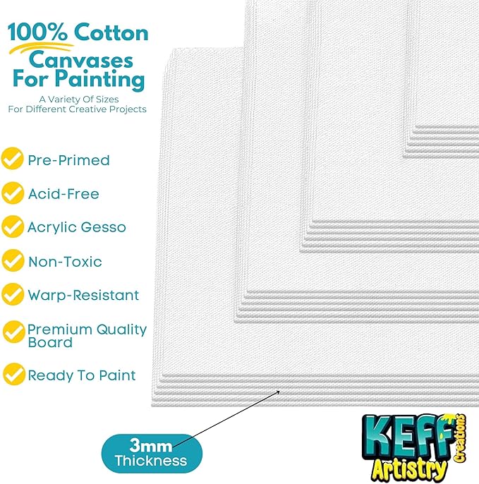 KEFF 24-Pack 𝗣𝗥𝗘𝗠𝗜𝗨𝗠 Canvas for Painting, 6 of 5x7, 8x10, 9x12,11x14 Painting Canvas Boards, Art Supplies for Adults & Kids - 100% Cotton Primed Canvases for Painting Acrylic, Oil, Watercolor