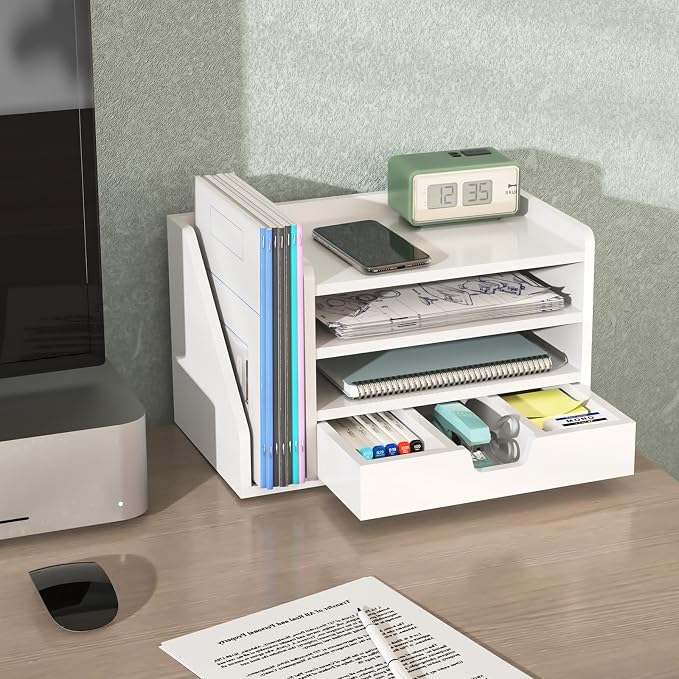 Multi-Tier Wood Desk File Organizer with Side File Rack, 3 Tray Shelves & Adjustable Drawer - Space-Efficient Design Easy to Assemble for Efficient Office Setup, Reduces Desk Clutter (White)