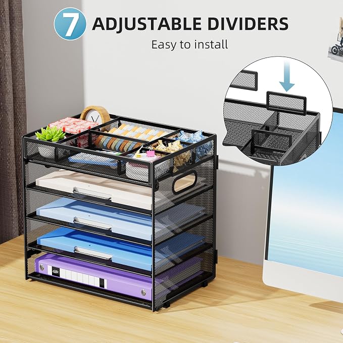 Marbrasse 5 Tier Paper Organizer, Mesh Desk Letter Tray with Handle,Black | Paper Sorter Desk Organizer for Letter/A4 Office File Folder Holder Home Office Supplies