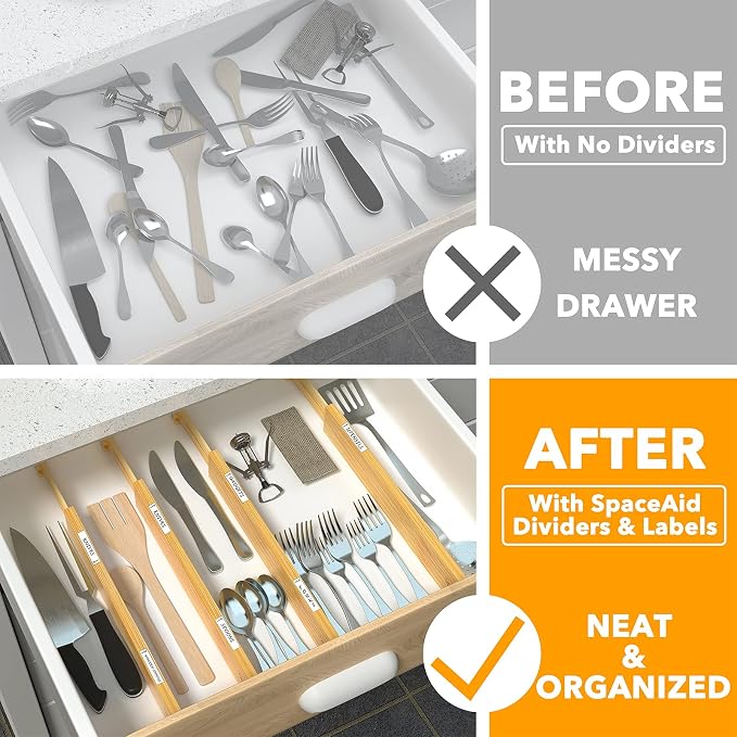 SpaceAid Bamboo Drawer Dividers with Labels, Kitchen Adjustable Drawer Organizers, Expandable Organization for Home, Office, Dressers and Bathroom, 6 Dividers (17-22 in) (Pack of 2)