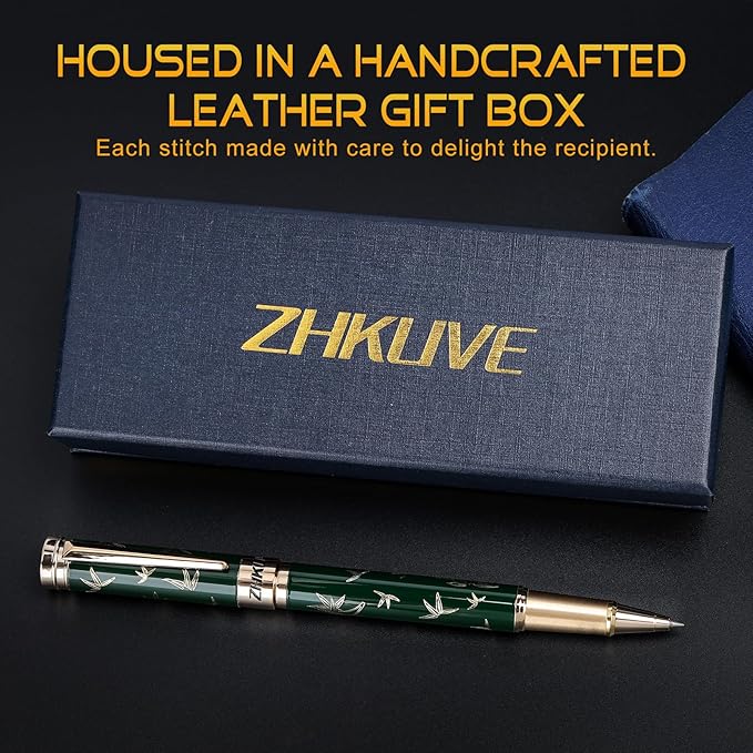 ZHKUVE Luxury Rollerball Pen,Stunning Green Lacquer with bamboo leaf patterns,Switzerland Tip with Black Ink Refills, Elegant Gift Set For Men & Women, Executive Writing, Nice Fancy