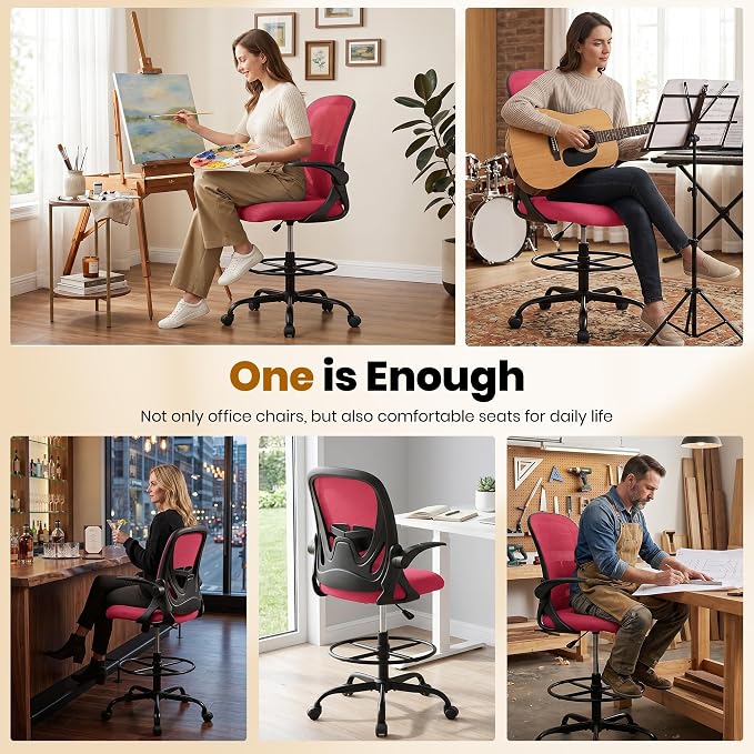 Primy Drafting Chair Tall Office Chair with Flip-up Armrests Executive Ergonomic Computer Standing Desk Chair with Lumbar Support and Adjustable Footrest Ring (Fire Brick)