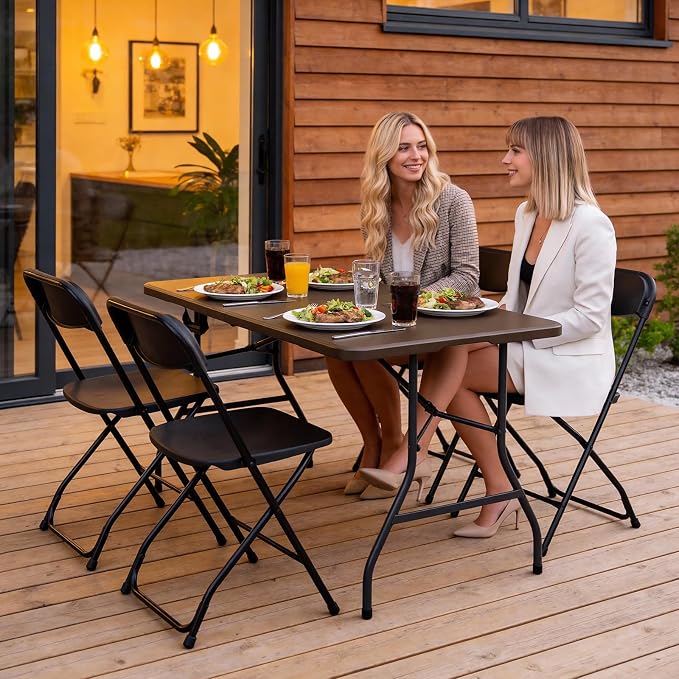 Folding Table 5FT Heavy Duty Plastic Table with Handle, Foldable&Portable, Fold-in-Half Utility Tables for Outdoor, Dining, Wedding, Events, Indoor, Picnic, Camping, Party, Brown