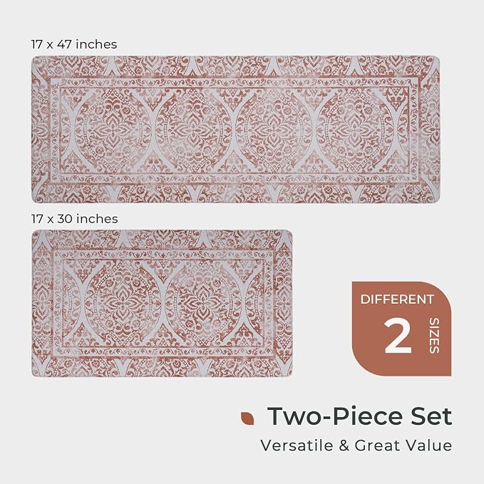 FRESHMINT 2 Piece Set Boho Kitchen Mats for Floor Bohemian Distressed Anti Fatigue Kitchen Rugs Vintage Farmhouse Cushioned Kitchen Runners for Standing Waterproof & Non-Skid Comfort, Terracotta