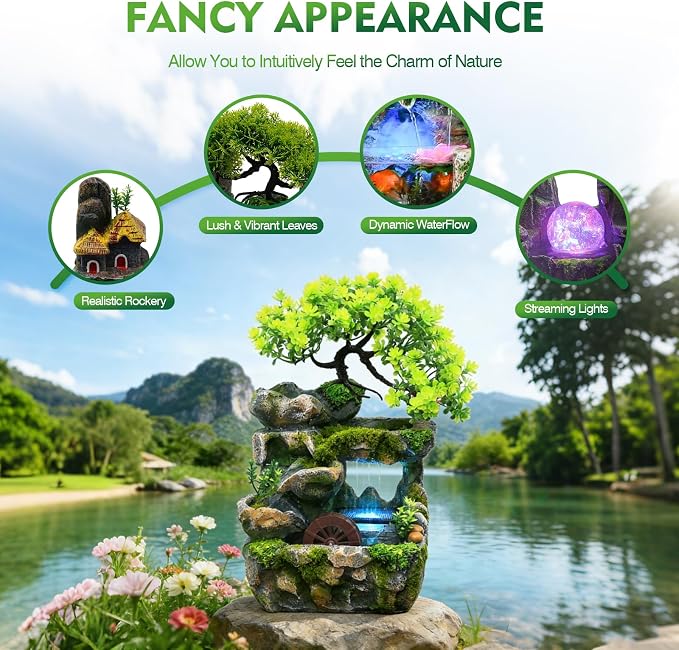 Tabletop Waterfall Fountain with Flowing Water & LED Lights – Indoor Resin Rockery Desk Fountain for Home, Office, Bedroom Relaxation & Decoration, Mini Desktop Water Featur