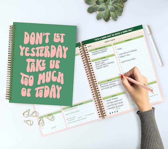 Undated Daily Planner Notebook 7.75x10, Cute Planner Notebook, Pink Green To Do List Notebook, Large Hardcover Spiral Schedule Notebook Planner, Inspirational Quote Planner Students Girls Teens