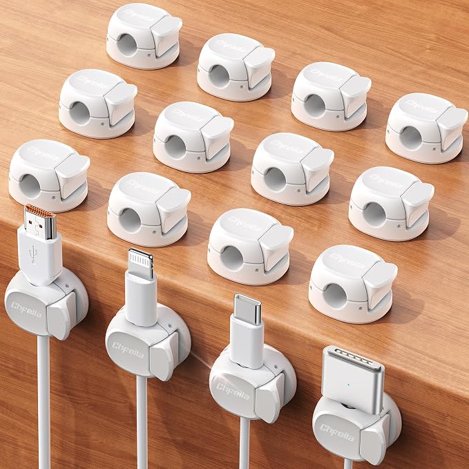 16Pack Cord Organizer [Dual Spring & Clasp] [Max Stability] Cable Clips, Chfeila Cord Holder, Desk Cable Management, Adhesive Wire Organizer for Home Office Desktop Nightstand Car Table Wall - White