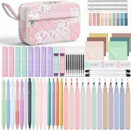 WOBAGMEN 62PCS Aesthetic School Supplies with Quilted Pencil Case, Pastel Highlighters, Gel Pens Mechanical Pencils Set, Cute Back to School Supplies, College Essentials (Pink Patchwork, M)