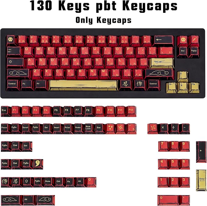 Retro Red Black Anime PBT Keycaps Cherry Profile Key caps, Manga Japanese Theme Keycaps, 5 Side Dye Sublimation 130 Keys Set for Cherry Gateron MX Switches Keyboards (Red Samurai)
